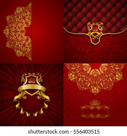 Set of luxury ornate backgrounds in vintage style. Elegant frame with floral elements, filigree ornament, gold crown, shield, ribbons, place for text on red drapery fabric. Vector illustration EPS10