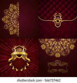 Set of luxury ornate backgrounds in vintage style. Elegant frame with floral elements, filigree ornament, gold crown, shield, ribbons, place for text on red drapery fabric. Vector illustration EPS10