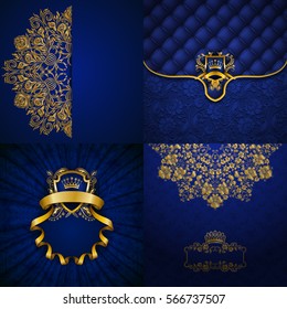 Set of luxury ornate backgrounds in vintage style. Elegant frame with floral elements, filigree ornament, gold crown, shield, ribbons, place for text on blue drapery fabric. Vector illustration EPS10