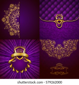 Set of luxury ornate backgrounds in vintage style. Elegant frame with floral elements, filigree ornament, gold crown, shield, ribbon, place for text on violet drapery fabric. Vector illustration EPS10