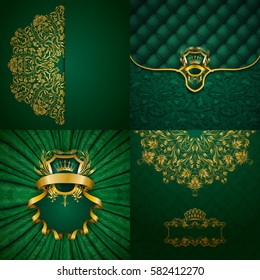 Set of luxury ornate backgrounds in vintage style. Elegant frame with floral elements, filigree ornament, gold crown, shield, ribbon, place for text on green drapery fabric. Vector illustration EPS10