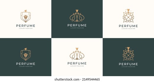 diseño de botellas de perfume de lujo con inspiración de color dorado. logo para moda, cuidado de la piel, belleza.