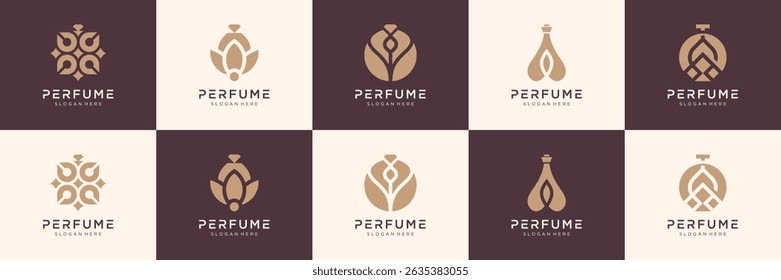 Conjunto de logotipos de perfumes de lujo. Elementos de Diseño gráfico elegantes utilizables para belleza, salón y perfume.