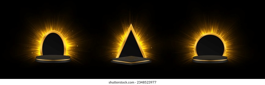 Set of luxury podiums with glowing rays. Shiny black award platforms with lighting effect.