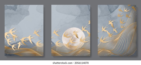 Set of luxury posters with golden abstract lines and birds in oriental style on watercolor background for interior decoration.
