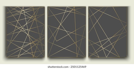 Set of luxury posters with golden lines. Dark textured backgrounds decorated with shiny gold. Geometric vertical patterns for design.Vector