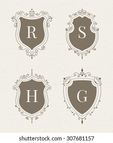 Set of luxury premium stylish templates in the form of a decorative medieval heraldic shields. Hotel, boutique, jewelry sign. Wedding, invitation, logo design. Borders, frames, labels in retro style.