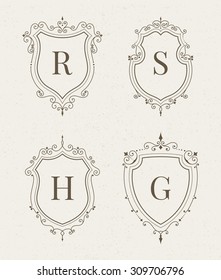 Set of luxury premium stylish templates in the form of a decorative medieval heraldic shields. Hotel, boutique, jewelry sign. Wedding, invitation, logo design. Borders, frames, labels in retro style.