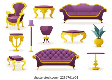 Set of Luxury purple furniture. This illustration features a set of luxurious purple furniture in a flat cartoon design. Vector illustration.