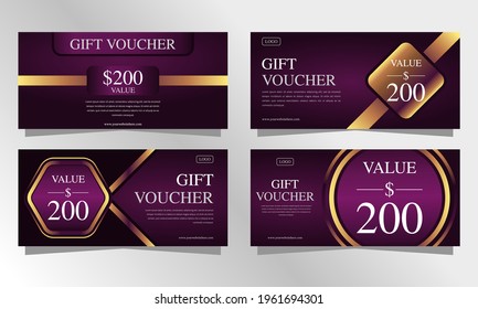 set of luxury purple and gold gift voucher templates, coupon designs, certificates, ticket templates, ready to edit and use.