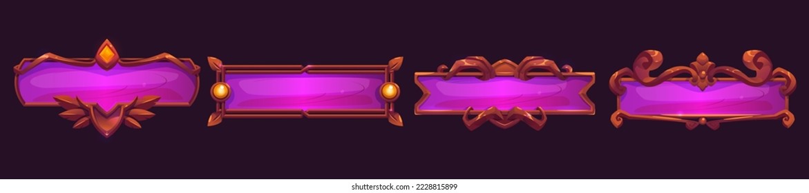 Set of luxury rectangular frames isolated on background. Cartoon vector illustration of empty lilac buttons decorated with medieval metal or wooden border and gemstones. Game ui design elements