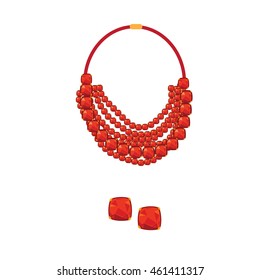 set of luxury red earrings and neckles isolated on white background