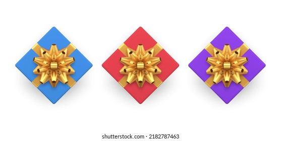 Set luxury rhombus multicolored gift boxes cardboard decorated by metallic golden bow ribbon top view 3d template vector illustration. Realistic package present storage surprise holiday congratulation