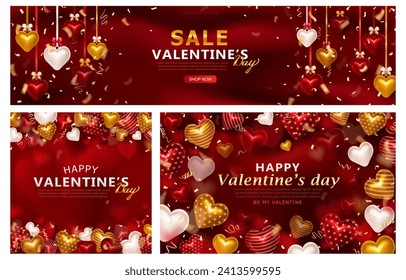 Set luxuriöse romantische Banner, quadratische Karte und Kopfzeile mit verschiedenen 3D-glänzenden Herzen, realistische Konfetti-Bänder und Grußtexttyppografie auf rotem unscharfem Hintergrund für die Valentinstag-Feier