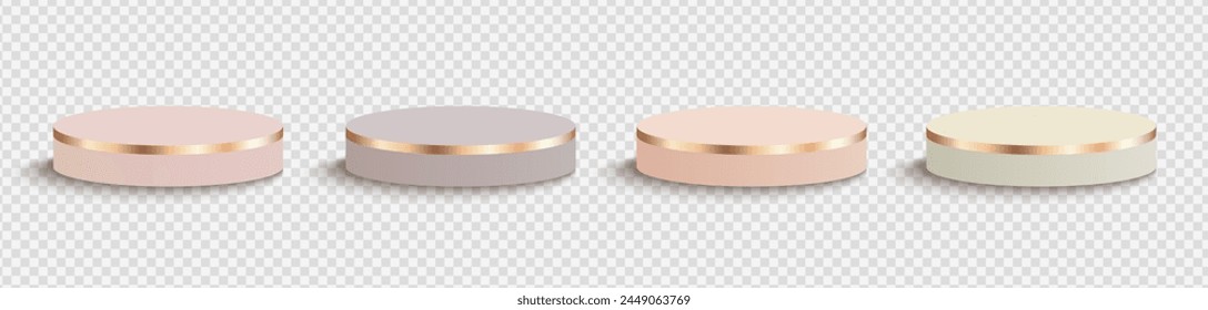 Set of luxury round matte podiums in nude tones with gold elements isolated on a transparent background.