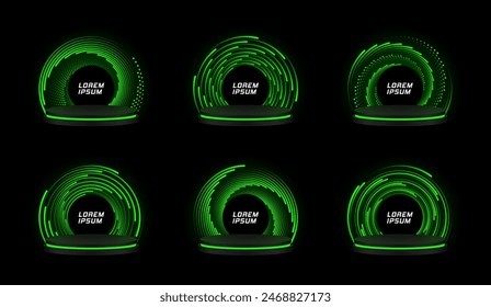 Conjunto de pedestales redondos de lujo y plataformas, etapas de soporte y cilindros. Podios negros realistas con líneas de velocidad verdes.