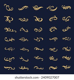 Set of Luxury scroll elements, golden elegant ornaments. Classic calligraphy, Flourish, swirls, swashes, dividers, floral motifs. Good for greeting cards, wedding invitations, book, royal certificates