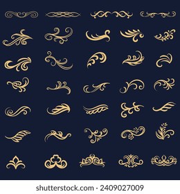 Set of Luxury scroll elements, golden elegant ornaments. Classic calligraphy, Flourish, swirls, swashes, dividers, floral motifs. Good for greeting cards, wedding invitations, book, royal certificates