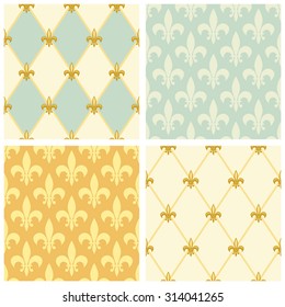 Set Of Luxury Seamless Patterns With Vintage Fleur De Lis And Diamond Shape Grid Background, Ideal For Curtains Textile Or Bed Linen Fabric Or Interior Wallpaper Design Etc