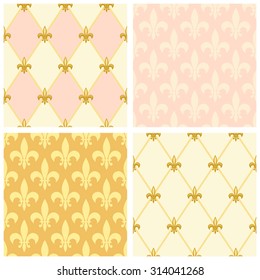 Set of luxury seamless patterns with vintage fleur de lis and diamond shape grid background, ideal for curtains textile or bed linen fabric or interior wallpaper design etc