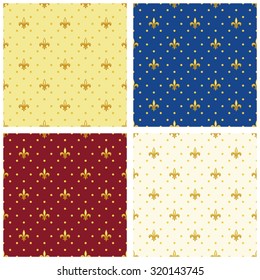 Set of luxury seamless patterns with vintage fleur de lis and polka dots background, ideal for curtains textile or bed linen fabric or interior wallpaper design etc