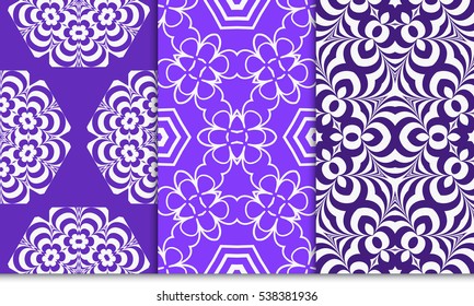 set of luxury silver color seamless floral decorative pattern. Vector illustration. For invitation, template, wallpaper. purple background