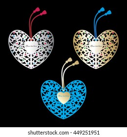 Set of luxury silver and golden labels. Design template for label. Openwork  heart. Laser cut template. Can be used in the fashion industry, jewelery.