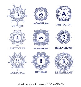 Set of luxury, simple and elegant blue monogram design templates. Good for labels and logos. Vector illustration.  Monogram design. Isolated on white.