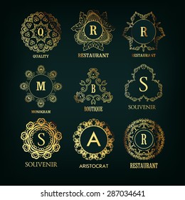 Set of luxury, simple and elegant golden monogram designs template with copy-space for text . Good for labels and logos. Vector illustration.