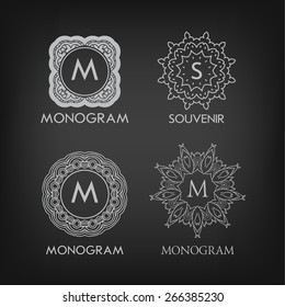 Set of luxury, simple and elegant monogram designs templates with copy-space for text on chalkboard background. . Good for labels. Vector illustration.