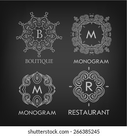Set of luxury, simple and elegant monogram designs templates with copy-space for text on chalkboard background. . Good for labels. Vector illustration.