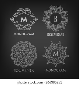 Set of luxury, simple and elegant monogram designs templates with copy-space for text on chalkboard background. . Good for labels. Vector illustration.