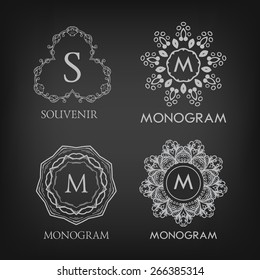 Set of luxury, simple and elegant monogram designs templates with copy-space for text on chalkboard background. . Good for labels. Vector illustration.