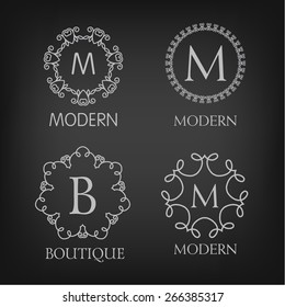 Set von luxuriösen, einfachen und eleganten Monogramm-Designs mit Kopienraum für Text auf Chalkboard-Hintergrund. . Gut für Etiketten. Vektorgrafik.
