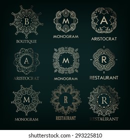 Set of luxury, simple elegant silver  monogram designs template with copy-space for text . Good for labels. Vector illustration.