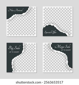 Set of luxury social media post template, promo, discount, sale, realistic torn paper style