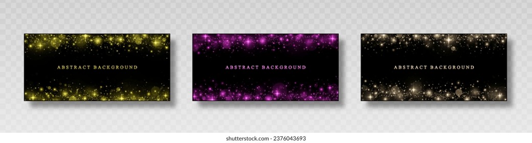 Set of luxury space banners. Glowing banners with particles. Glittering backgrounds template.