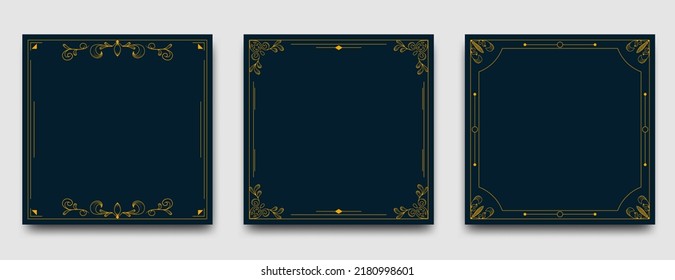 Set of Luxury square banner design template. Dark background color with line art frame. Usable for social media post, greeting card, cover, and web ads.