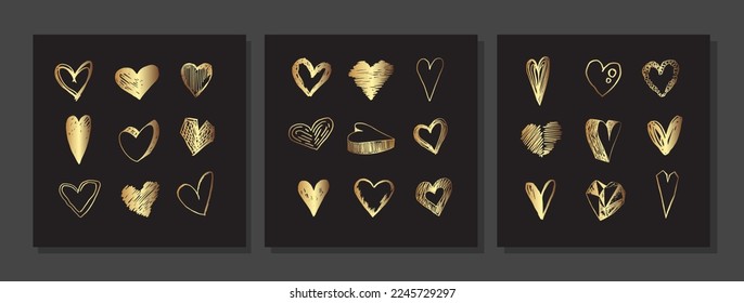 Set of luxury square gold wall art. Golden hand drawn heart. Grunge scribble hearts for Valentine`s day. Minimalist line art with heart doodles on black background
