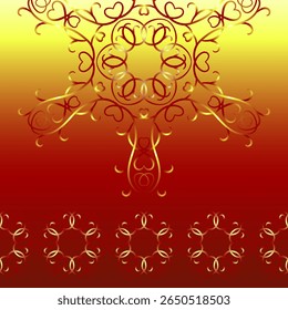 Set of luxury sunny design elements. Bright red ethnic round ornament and seamless border. Ornate fire mandala. Red gold curved intertwined lines. Positive energy of the sun. Sun vector illustration.
