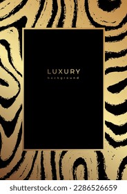 Set of luxury template with golden tiger skin texture. Gold and black tiger stripes pattern with grunge effect. Frame design with animal print for cover, poster, flyer