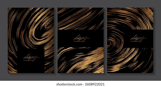 Set of luxury templates with golden brush strokes. Backgrounds with grungy wavy lines painted with brush. Hand drawn wooden texture