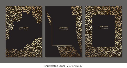 Conjunto de plantillas de lujo con textura de piel de leopardo dorado. Patrón de oro y leopardo negro. Diseño con huella animal para portada, afiche, volante