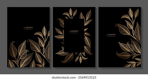 Set of luxury templates with golden linear leaves on black background. Line art with branches. Botanical vector illustration. Floral pattern