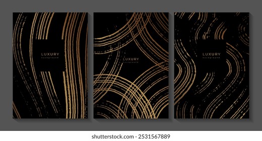 Set of luxury templates with golden lines and waves. Black and gold vertical backgrounds