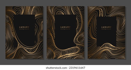 Set of luxury templates with golden wavy linear pattern. Line art. Gold waves on black background. Posters with geometric texture with shiny curves. Banner with abstract striped texture