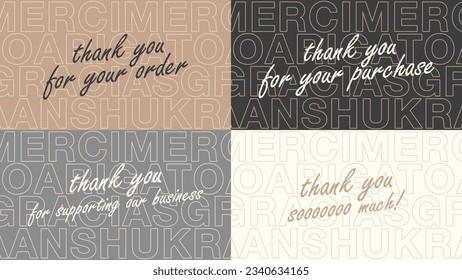 Set of luxury Thank you message card template. Design with many languages. Slogan for business, marketing and advertising. 