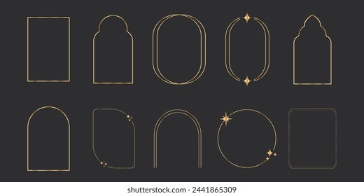 Set luxury thin line golden minimal celestial frames geometric shapes, arch border, elegant deco isolated on dark background. Simple elegant vintage.