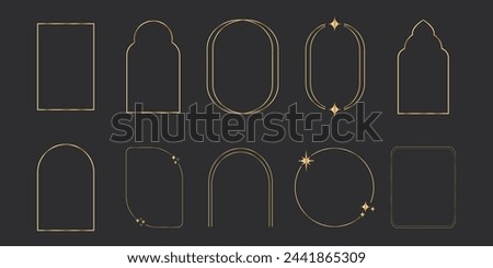 Set luxury thin line golden minimal celestial frames geometric shapes, arch border, elegant deco isolated on dark background. Simple elegant vintage.