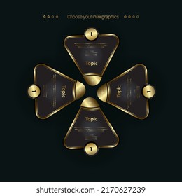 Juego de plantillas de botones triangulares de lujo sobre fondo oscuro en diseño Infográfico de color dorado usado en las opciones Vector, ilustración